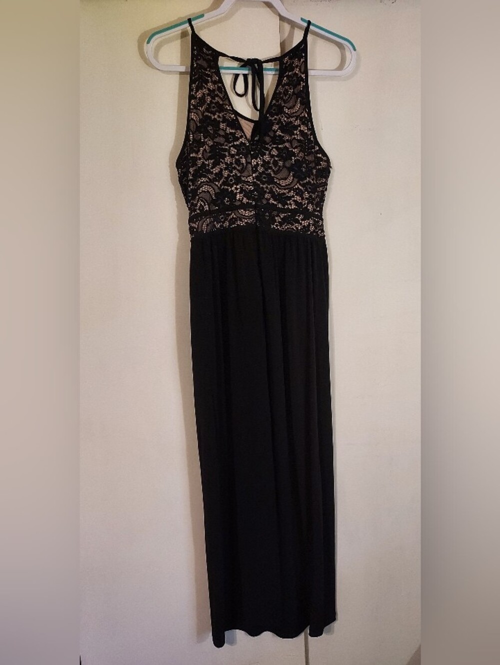 Candalite Womens Medium Sleeveless Black Lace-Top Maxi Dress with Tie Back